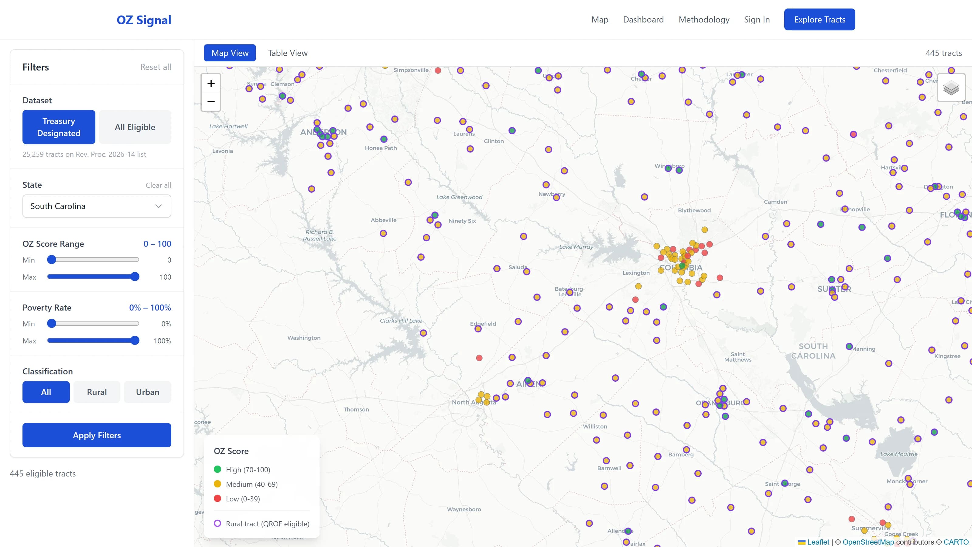 OZ Signal map view showing 445 scored Opportunity Zone census tracts across South Carolina, colour coded by OZ score, with a filter rail and a score legend.